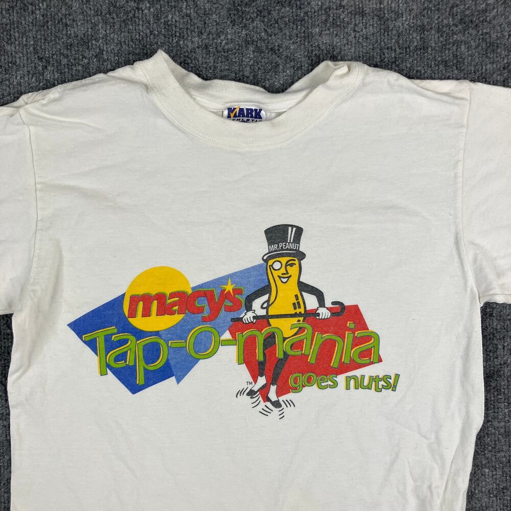 Mark Athletic T-Shirt Youth Size L White Cotton Macy's Tap-O-Mania Mr Peanut Vtg